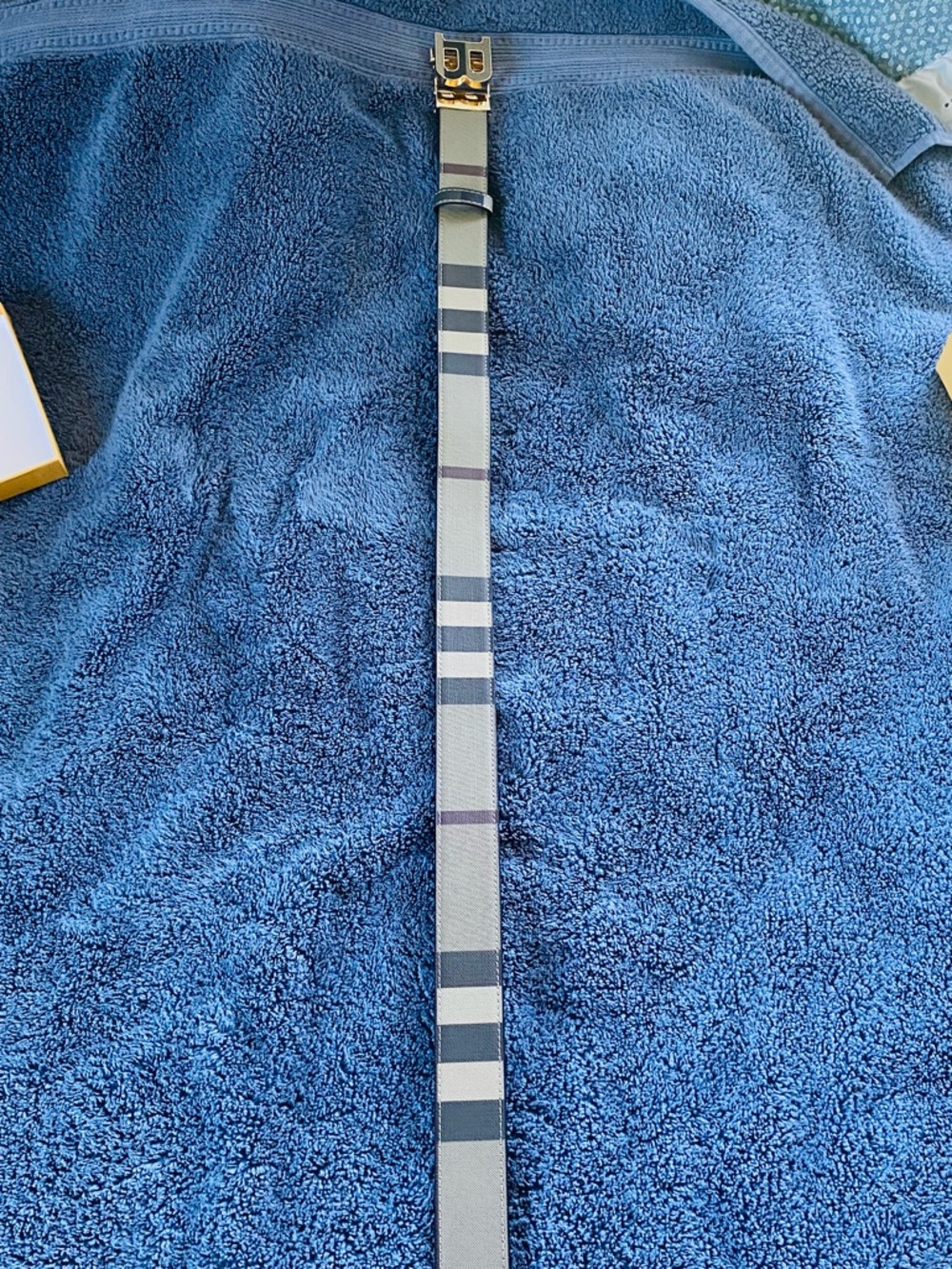 Burberry Belt, Gold Buckle Tan and Black with Red Accent Stripes. 120cm